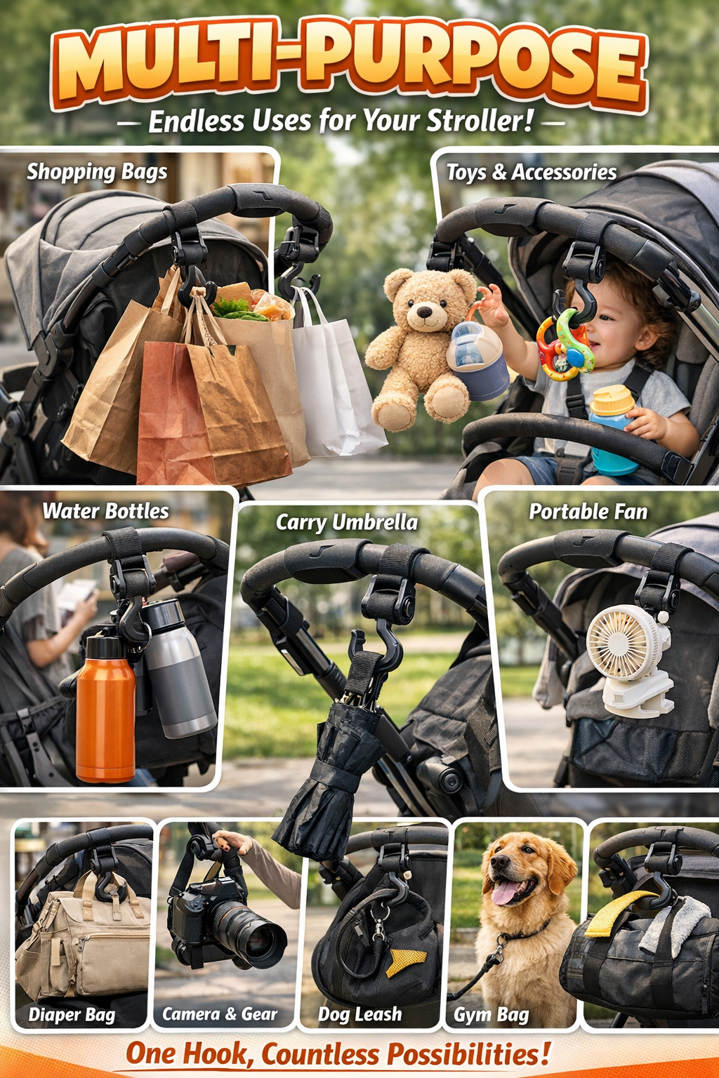 MomiEase Diaper Bag Stroller Hooks - Black