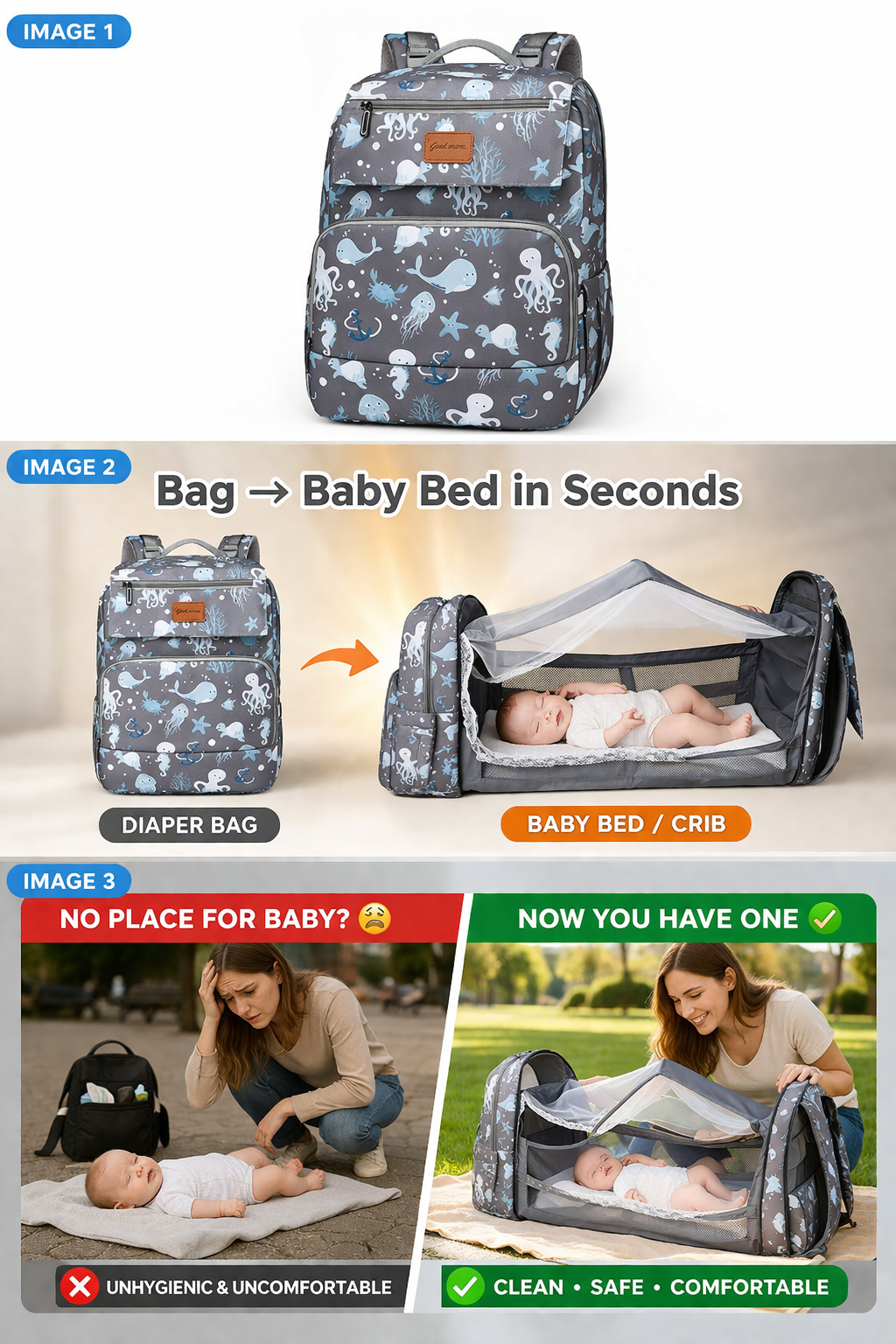 MomiEase 2-in-1 Diaper Bag Backpack with Foldable Baby Bed