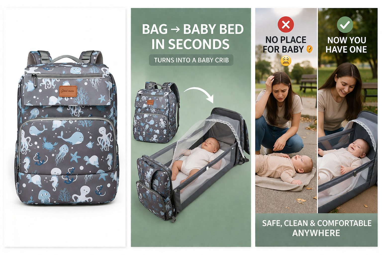 MomiEase 2-in-1 Diaper Bag Backpack with Foldable Baby Bed