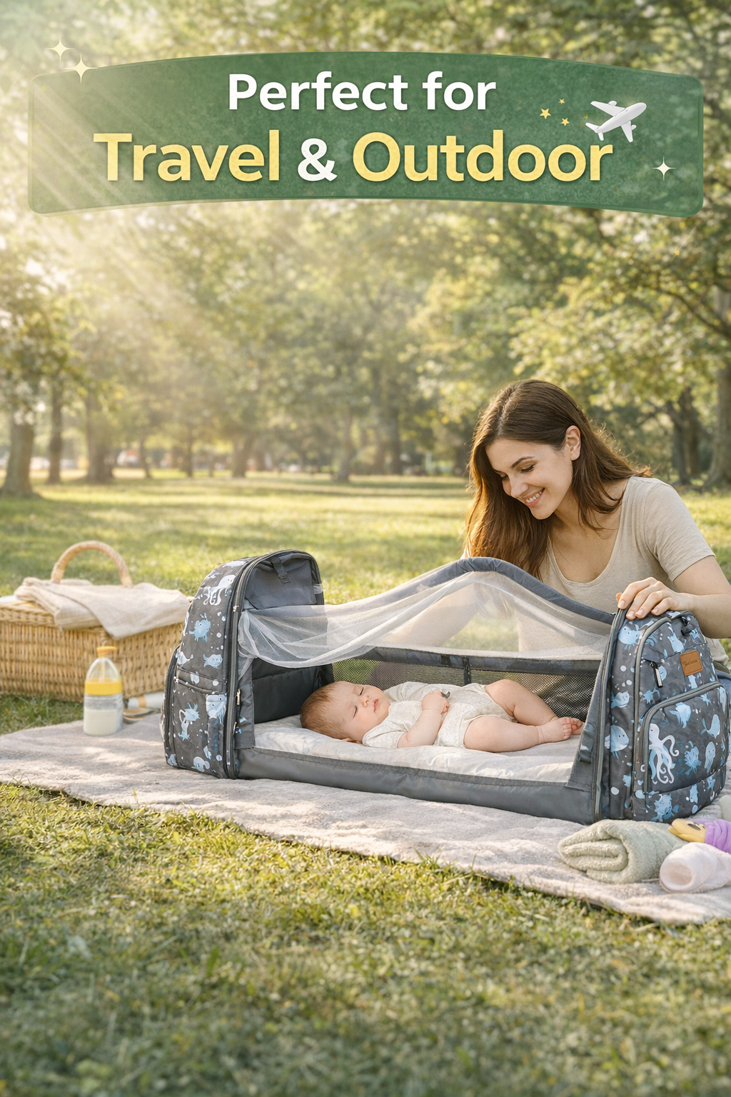 MomiEase 2-in-1 Diaper Bag Backpack with Foldable Baby Bed