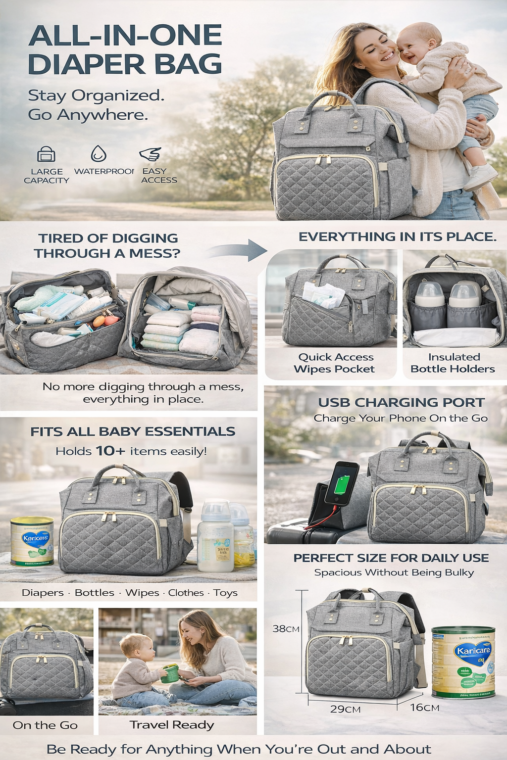 MomiEase Everyday Diaper Bag Backpack - Black
