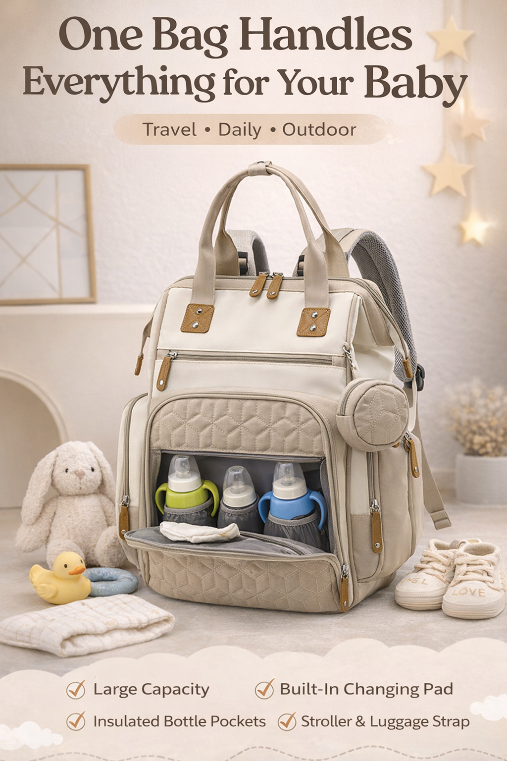 MomiEase 3-in-1 Diaper Bag Backpack - Beige