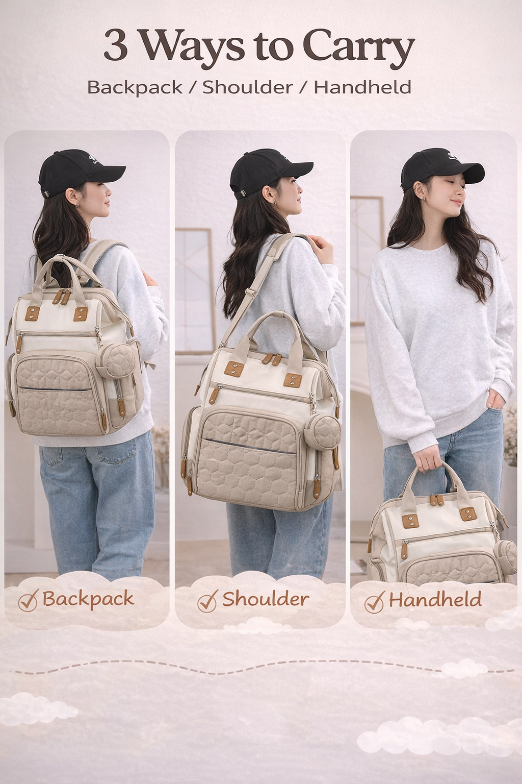 MomiEase 3-in-1 Diaper Bag Backpack - Beige
