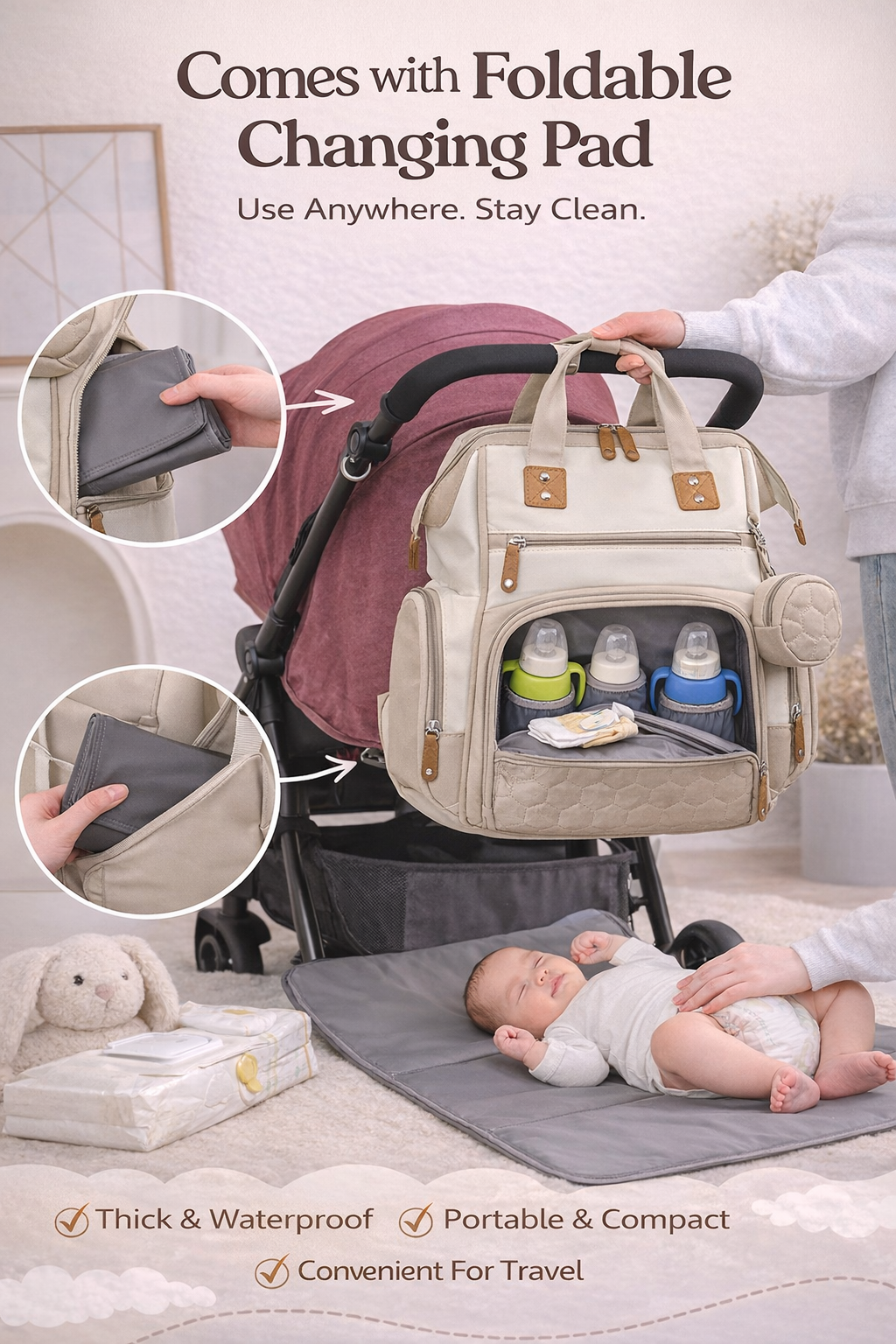 MomiEase 3-in-1 Diaper Bag Backpack - Beige