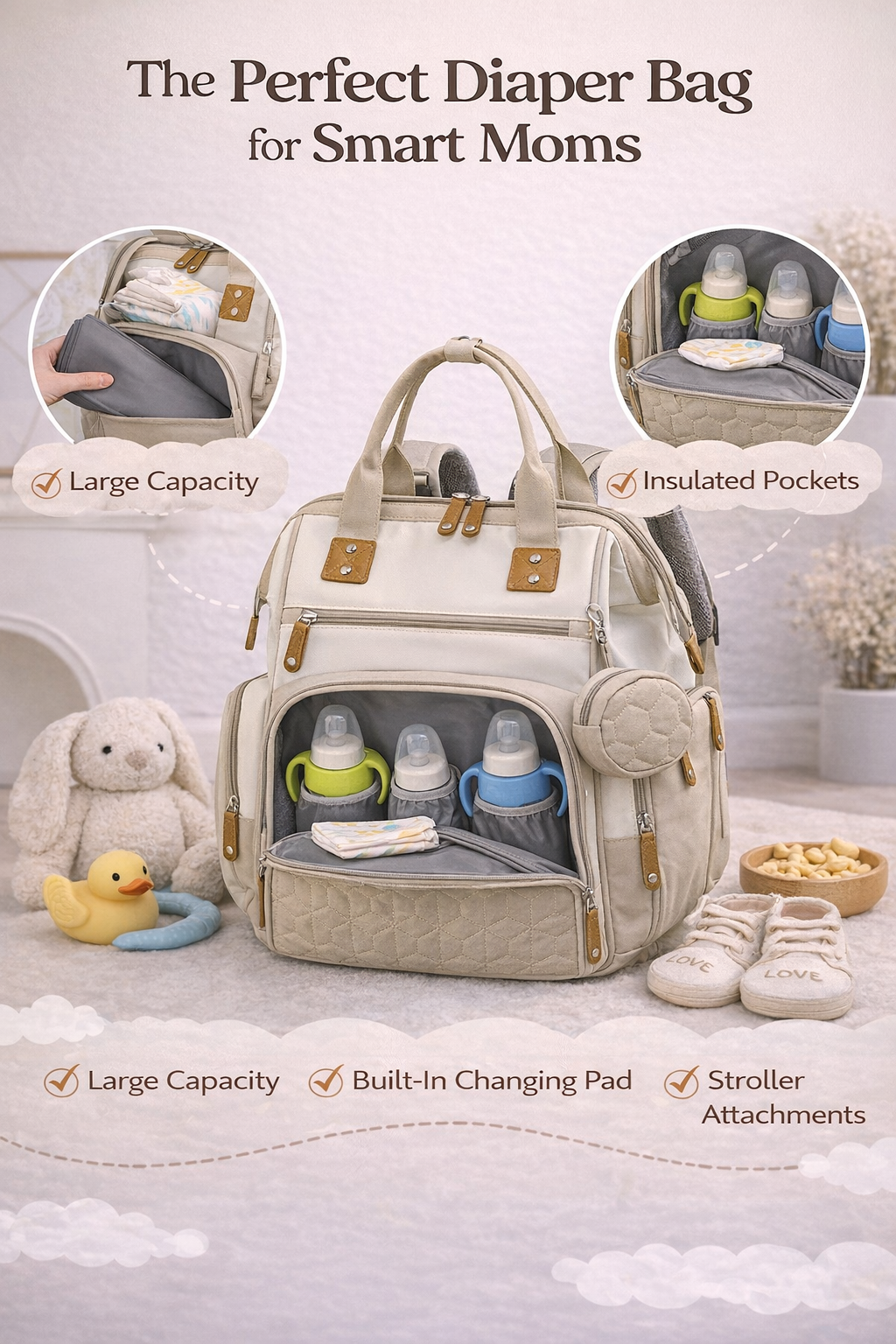 MomiEase 3-in-1 Diaper Bag Backpack - Beige