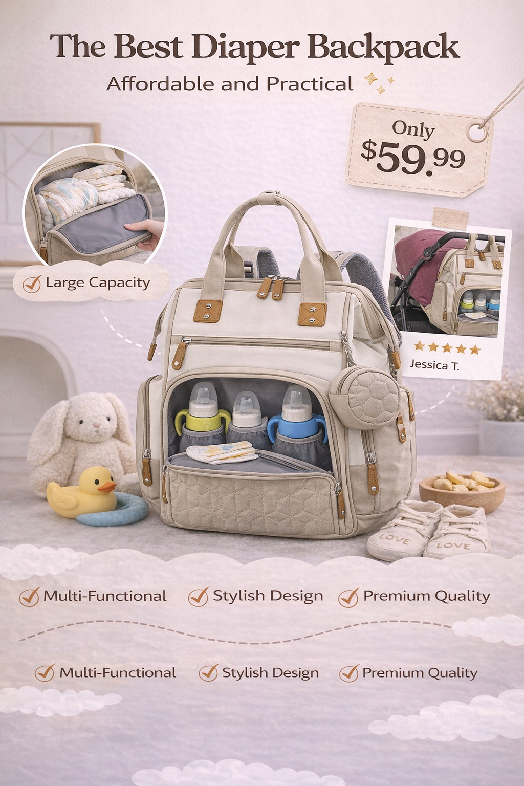 MomiEase 3-in-1 Diaper Bag Backpack - Beige