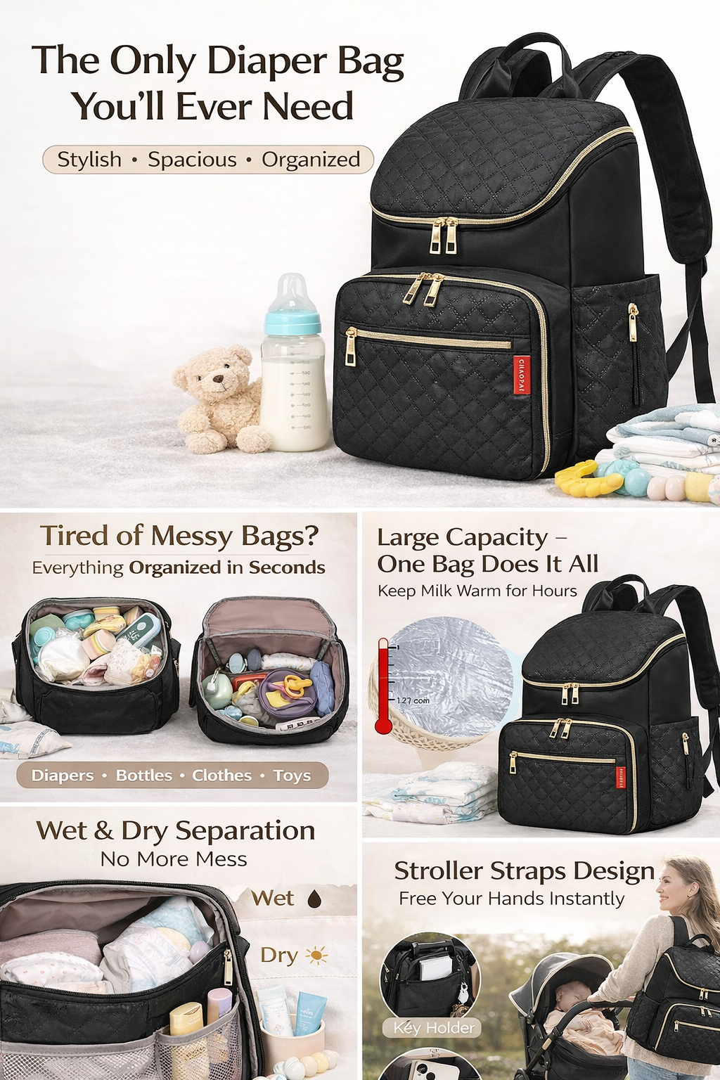 MomiEase Quilted Diaper Bag Backpack - Black
