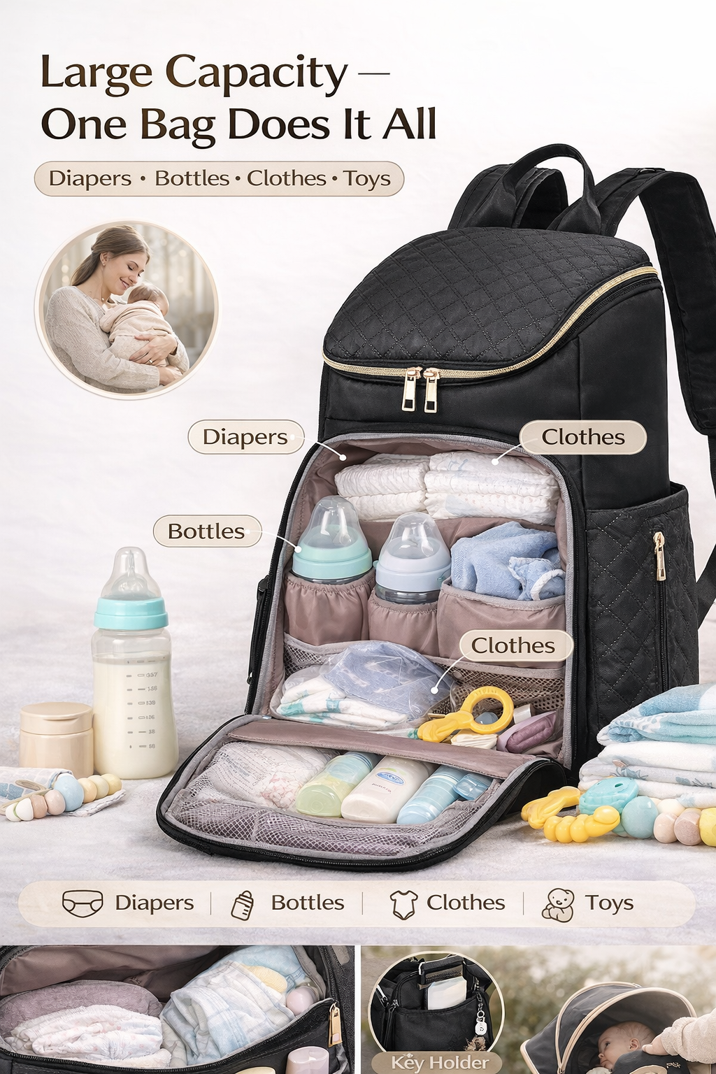 MomiEase Quilted Diaper Bag Backpack - Black