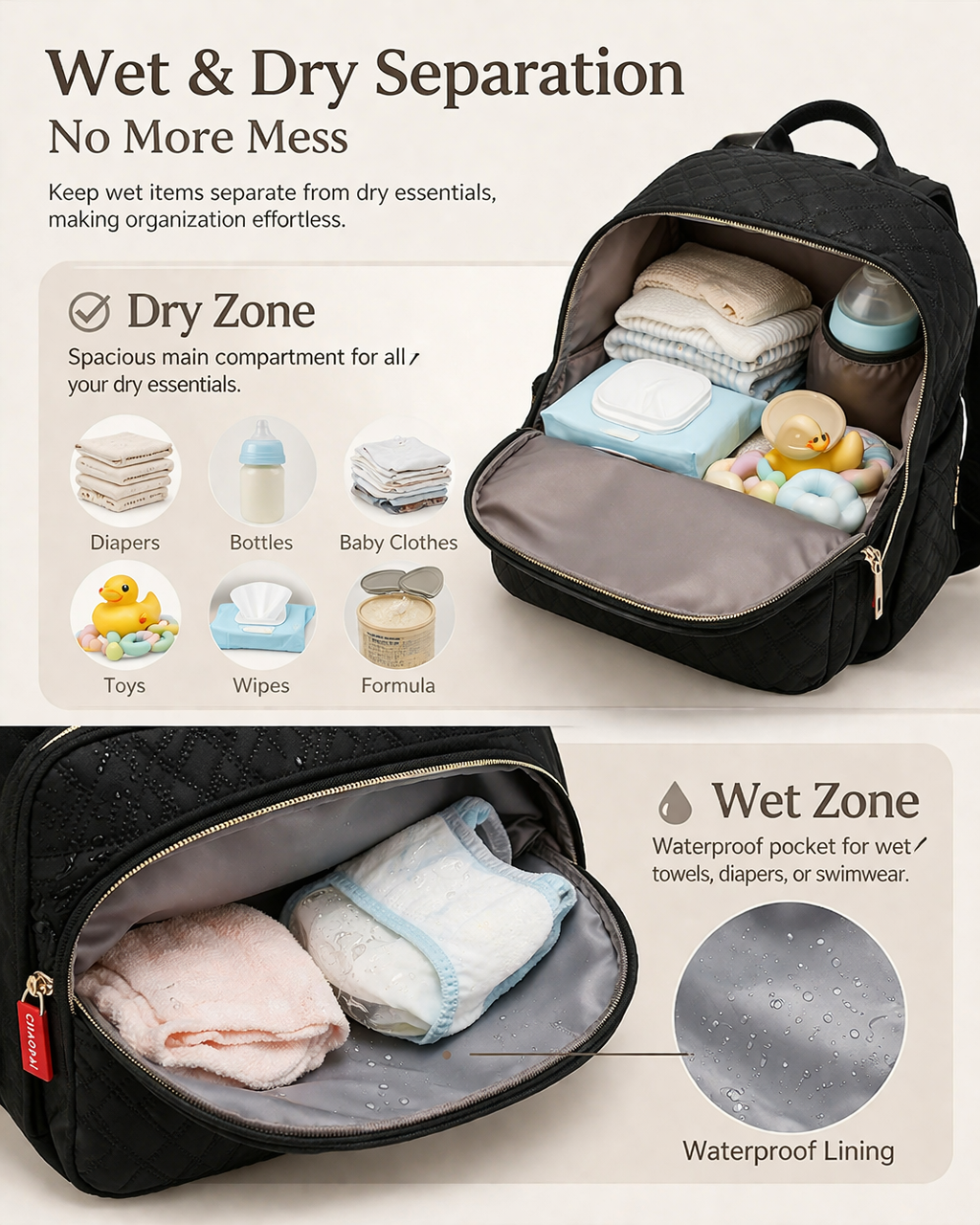 MomiEase Quilted Diaper Bag Backpack - Black