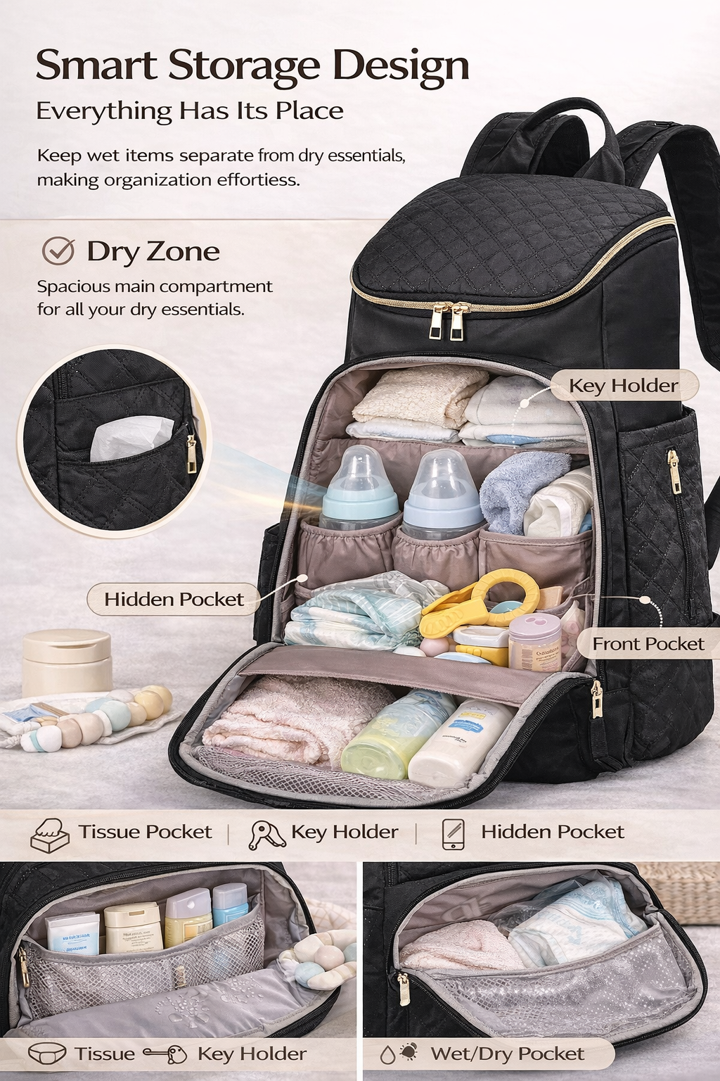 MomiEase Quilted Diaper Bag Backpack - Black