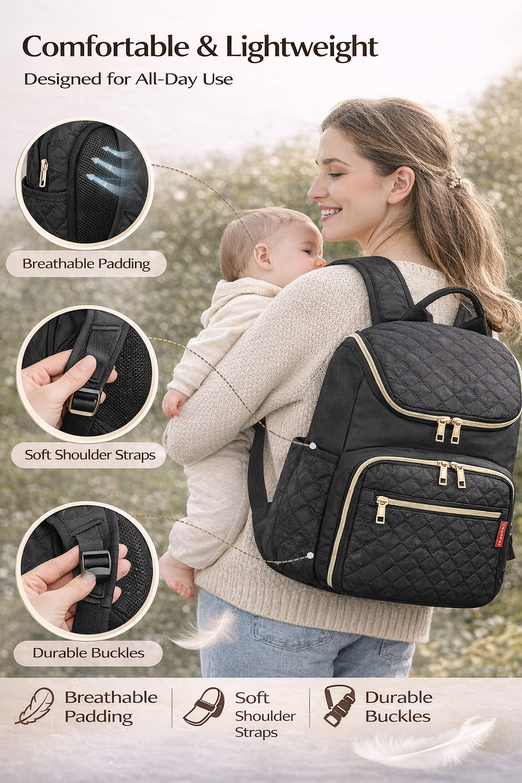 MomiEase Quilted Diaper Bag Backpack - Black
