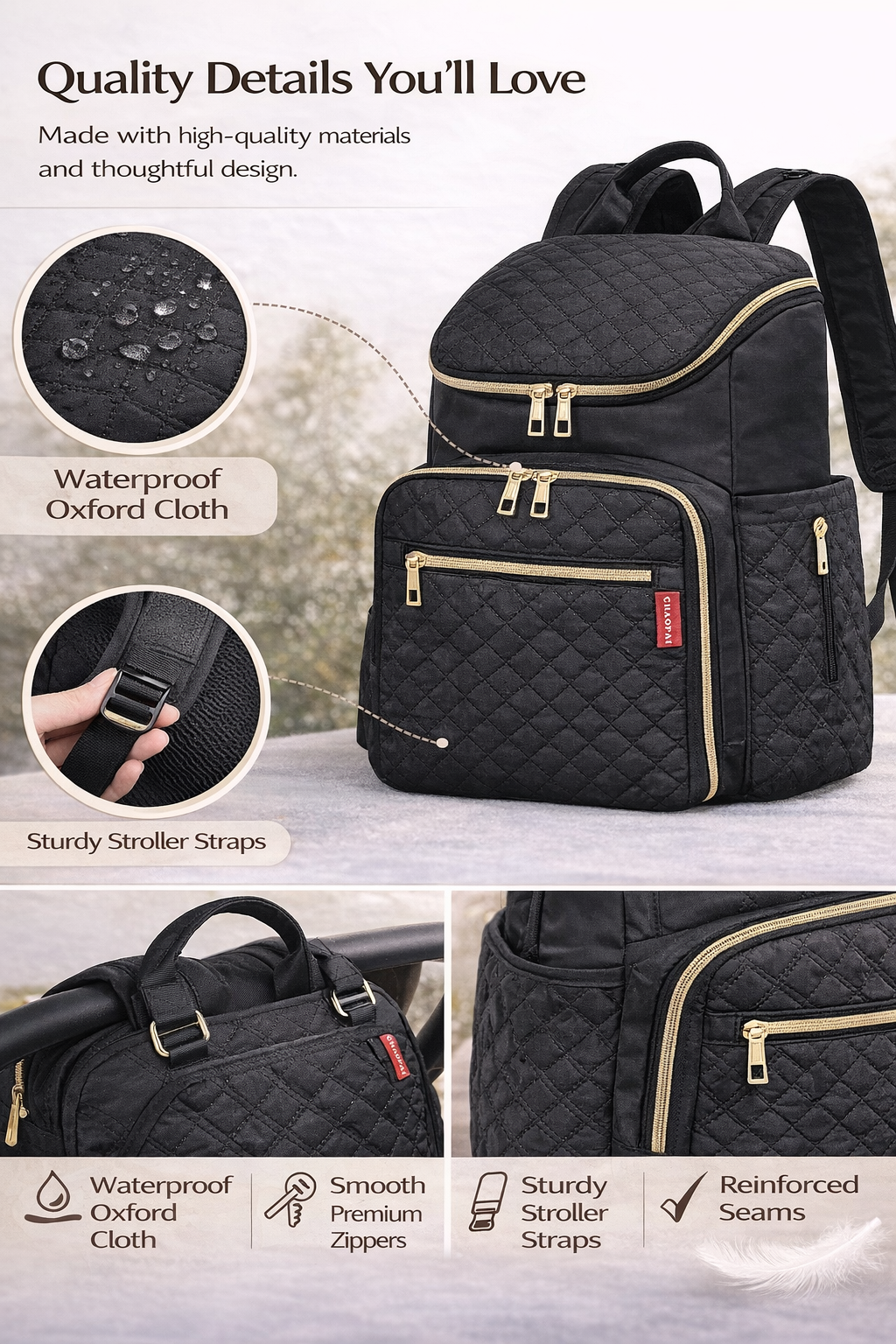 MomiEase Quilted Diaper Bag Backpack - Black