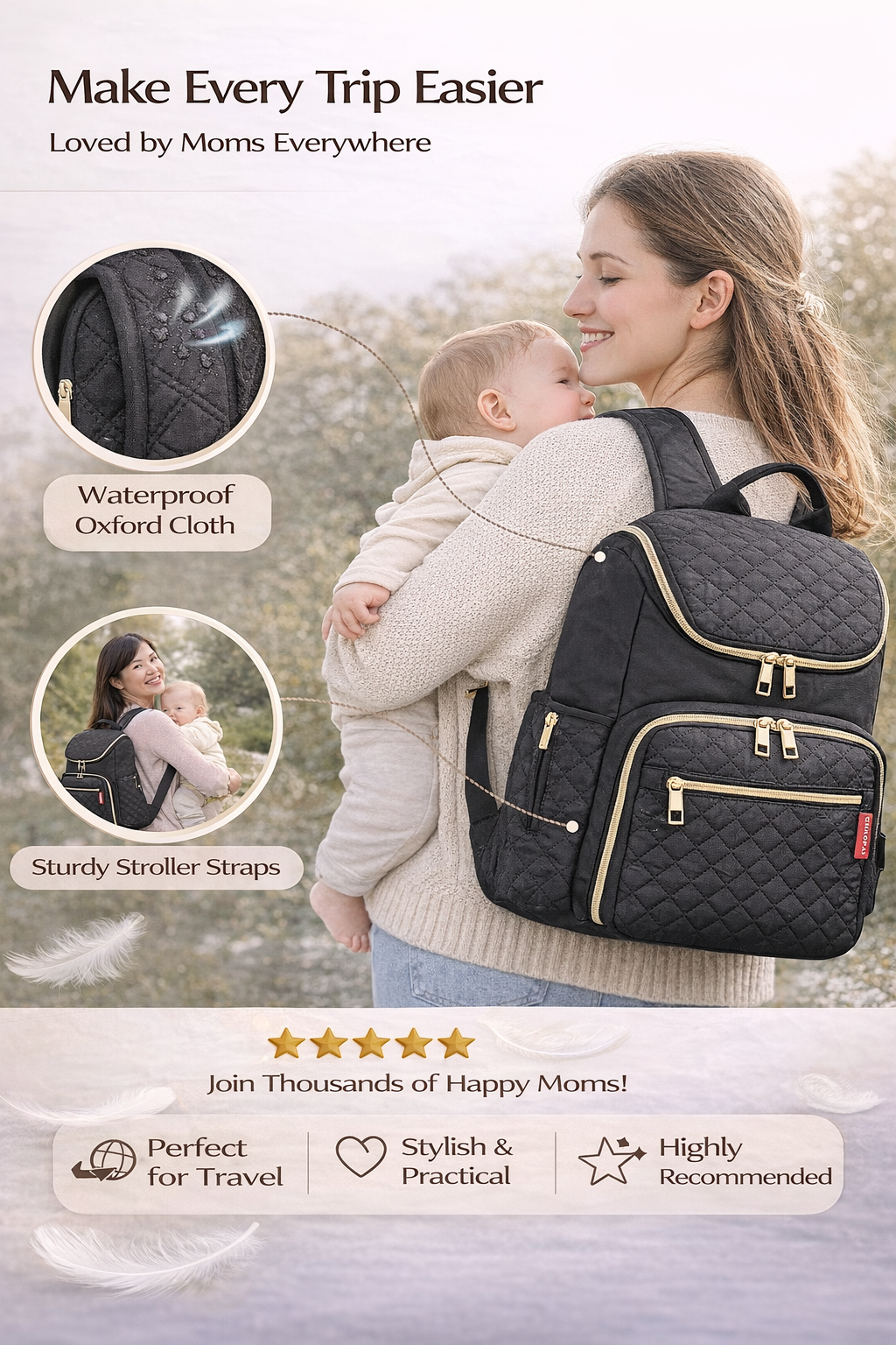 MomiEase Quilted Diaper Bag Backpack - Black