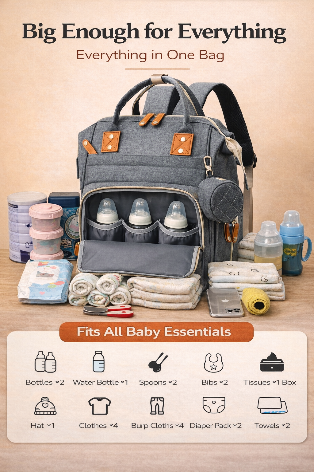 MomiEase Large Capacity Diaper Bag Backpack - Gray