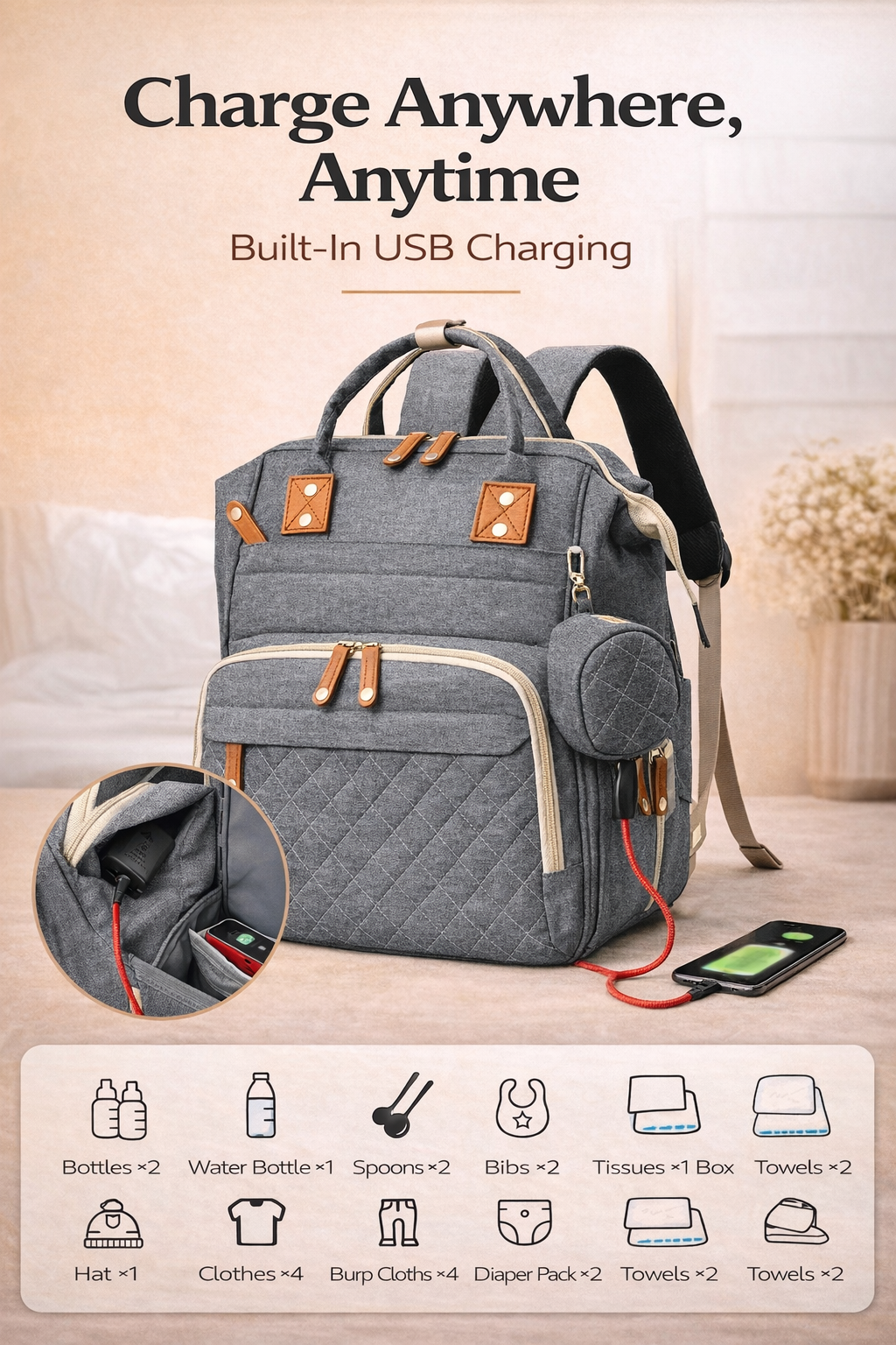 MomiEase Large Capacity Diaper Bag Backpack - Gray