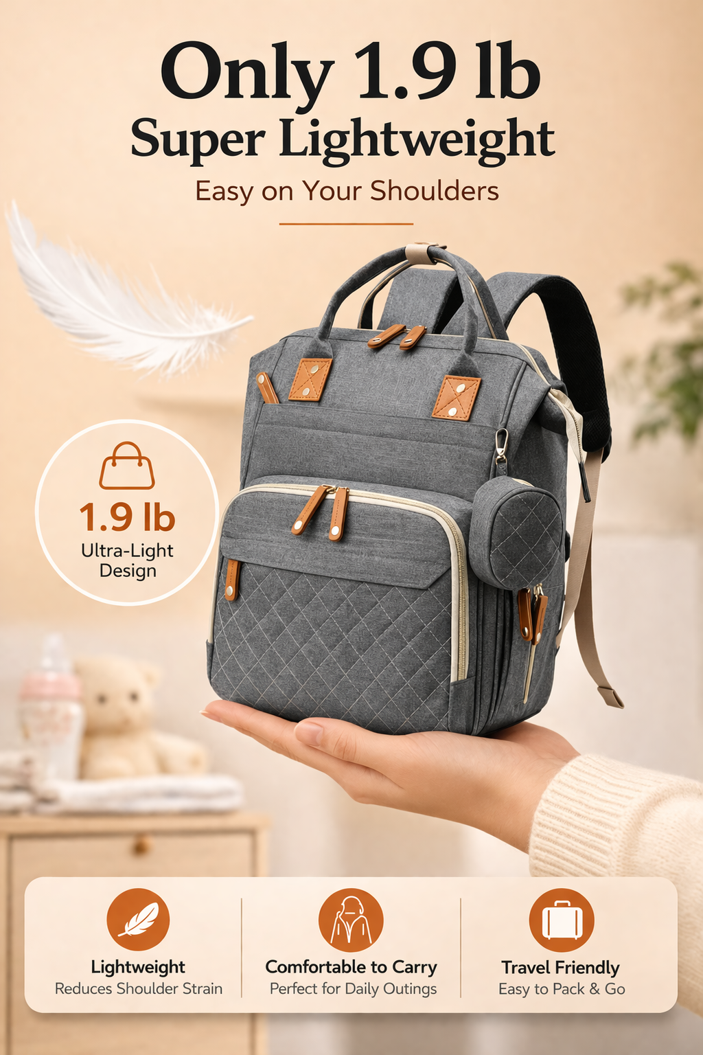MomiEase Large Capacity Diaper Bag Backpack - Gray