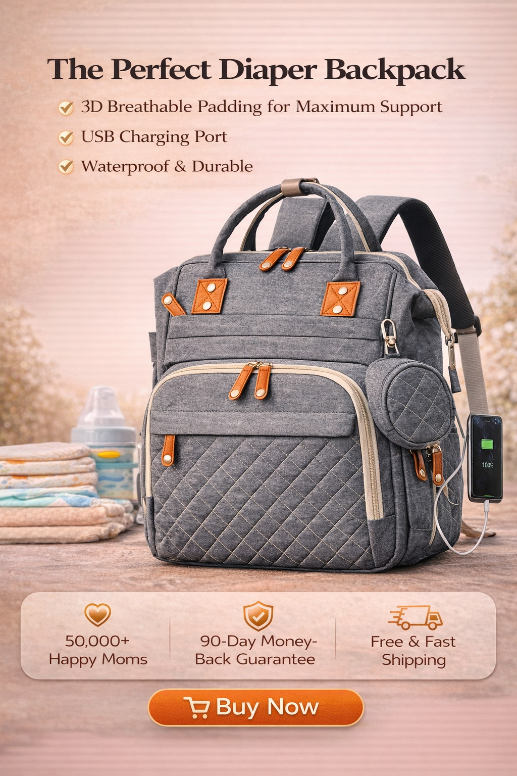 MomiEase Large Capacity Diaper Bag Backpack - Gray