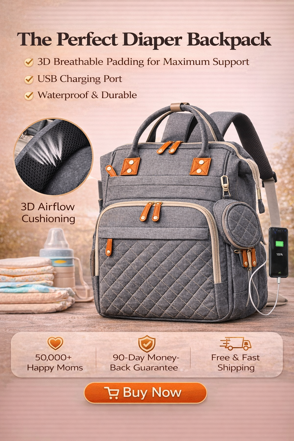 MomiEase Large Capacity Diaper Bag Backpack - Gray